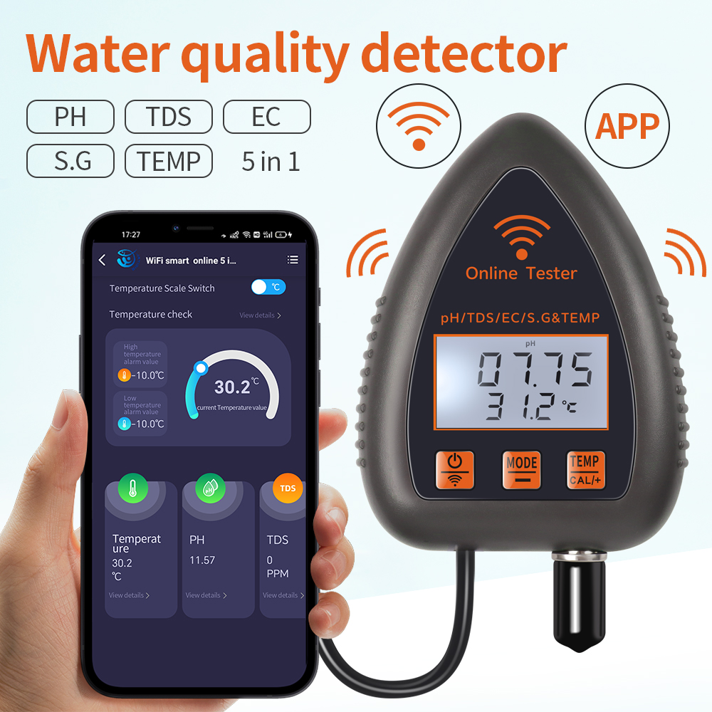 Ph Meter Digital Water Tester - Tuya wifi 5 em 1 tds/ec/sal/s.g./temperatura